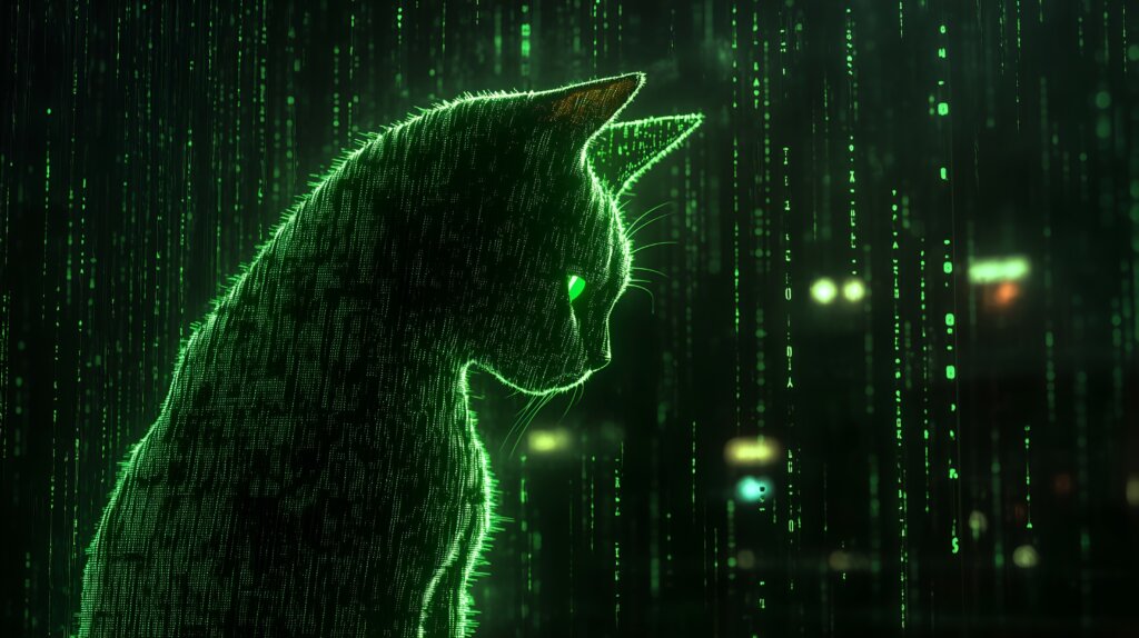 Green cat silhouette against a digital background.